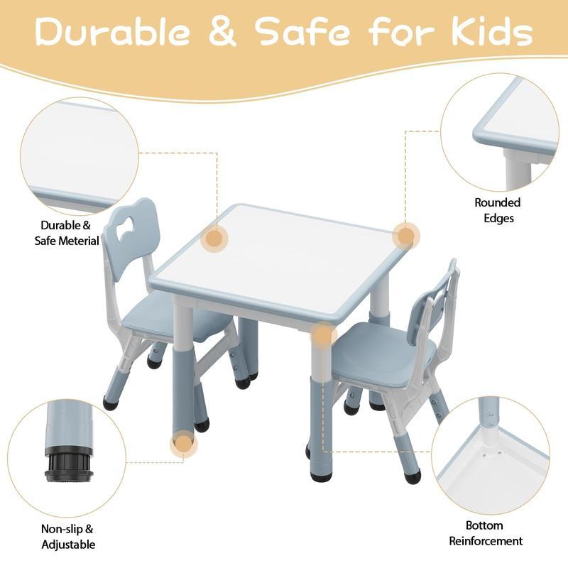 Mesa Infantil Ajustable con 2 Sillas, Escritorio con Superficie para Dibujar, Ideal para Leer, Pintar, Jugar y Comer, Altura Ajustable para Niños Pequeños