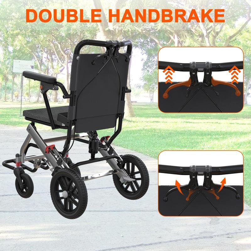 Lightweight Folding Wheelchair for Seniors with Aviation Aluminum Frame, Flip Armrests, Secure Brakes, Spacious Seating, Ideal for Safe Transfers Indoors and Outdoors in Gray Orange
