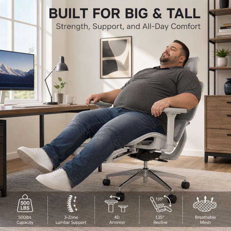 Silla Ergonómica Ejecutiva con Reposapiés, Respaldo de Malla, Soporte Lumbar 3D y Brazos Ajustables