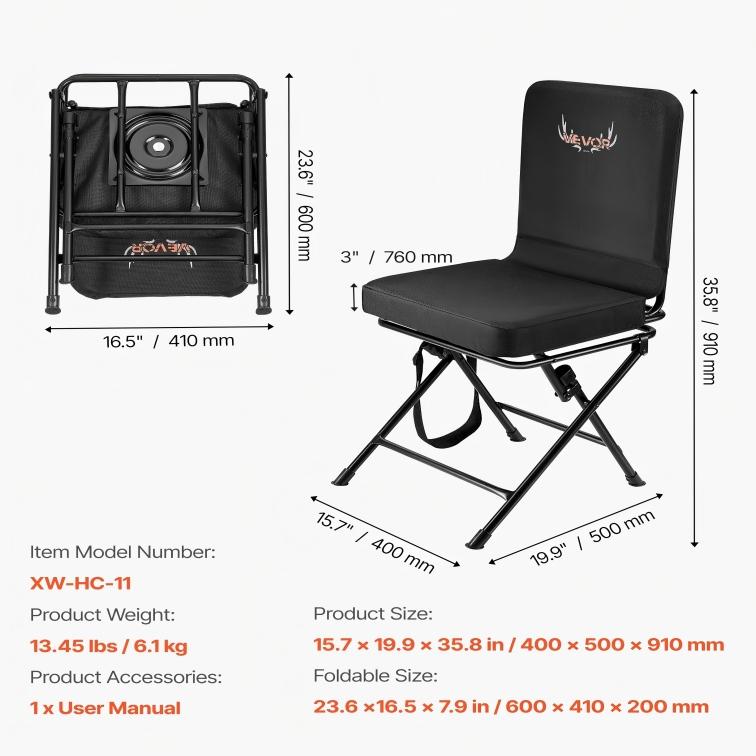Silla de Caza Plegable 360° con Giro Silencioso, Estructura de Acero Resistente, Altura Ajustable, Capacidad 350 lb, Ligera y Portátil para Pesca, Camping y Exteriores