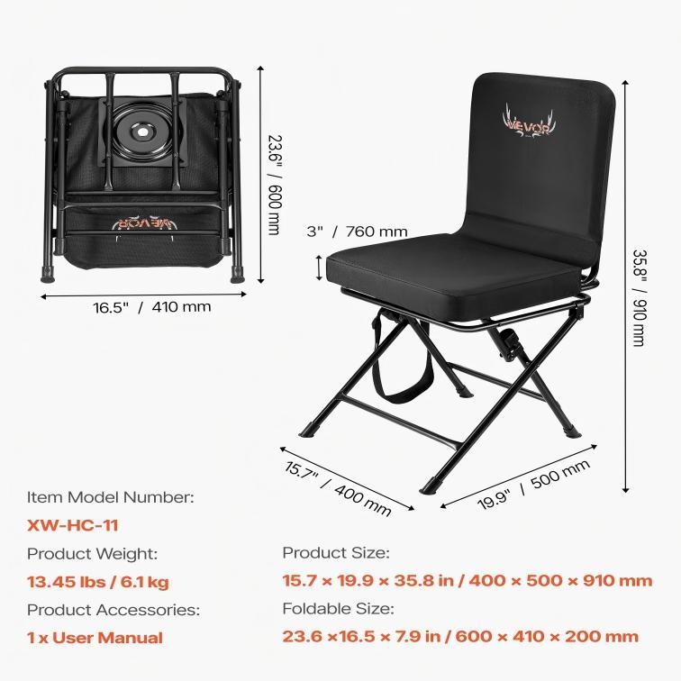 Silla de Caza Plegable 360° con Giro Silencioso, Estructura de Acero Resistente, Altura Ajustable, Capacidad 350 lb, Ligera y Portátil para Pesca, Camping y Exteriores