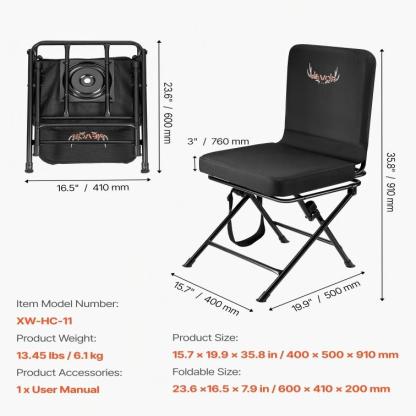 Silla de Caza Plegable 360° con Giro Silencioso, Estructura de Acero Resistente, Altura Ajustable, Capacidad 350 lb, Ligera y Portátil para Pesca, Camping y Exteriores