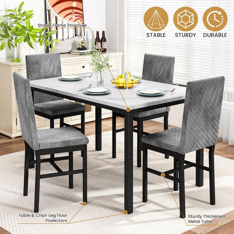 Juego de comedor para 4 personas, mesa con acabado tipo mármol de 120 × 70 cm, incluye 4 sillas modernas tapizadas en terciopelo con diseño ergonómico, ideal para comedor y cocina.