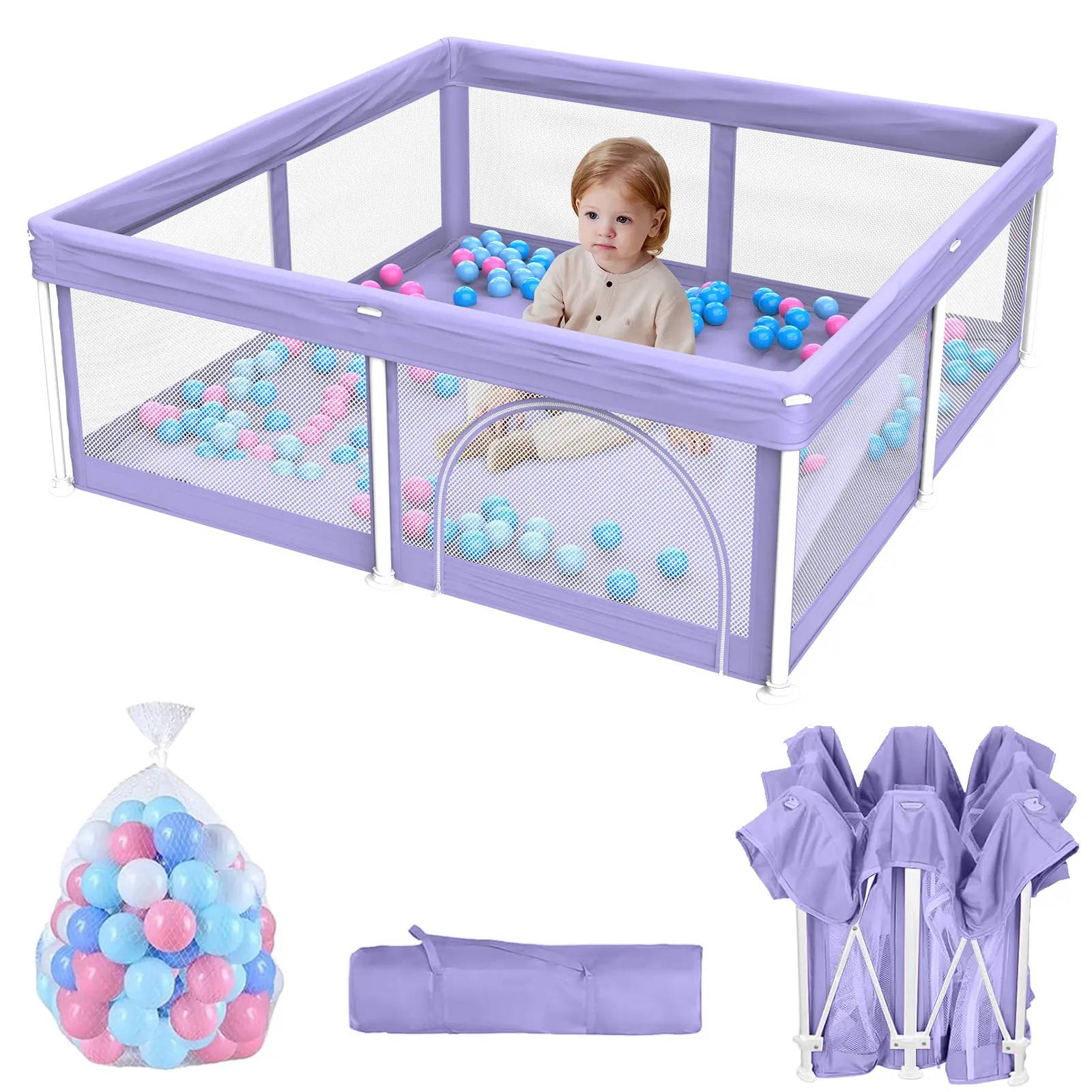 Corral Plegable para Bebé con Tapete 50"x50", Puerta de Seguridad, Diseño Transpirable, Incluye 50 Pelotas para Bebés y Niños