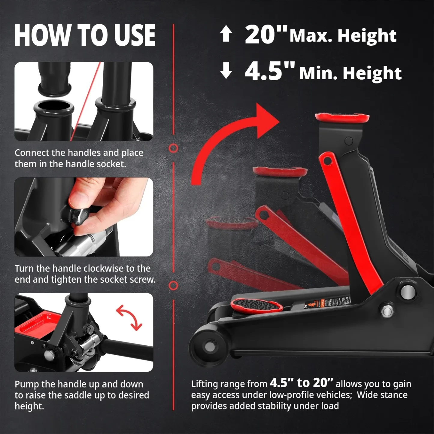 Gato hidráulico de piso de perfil bajo 3/4 toneladas – Levantamiento rápido, doble pistón, rango 8.5–50 cm, certificado GS, herramienta automotriz para reparación de coches