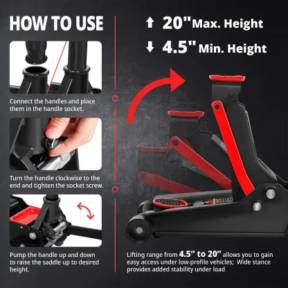 Gato hidráulico de piso de perfil bajo 3/4 toneladas – Levantamiento rápido, doble pistón, rango 8.5–50 cm, certificado GS, herramienta automotriz para reparación de coches