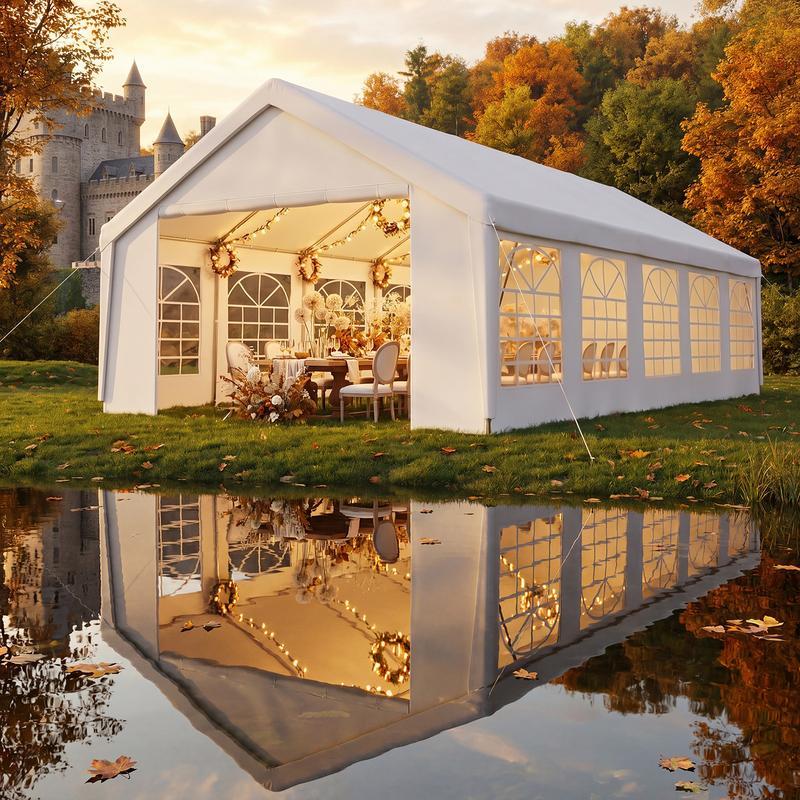 Carpa Canopy para Exterior con Estructura de Acero Resistente, 32x16 FT/40x20 FT, Impermeable, Paredes Laterales Desmontables y Puerta Enrollable, Ideal para Bodas, BBQ y Cumpleaños (Envío en 3 Paquetes)