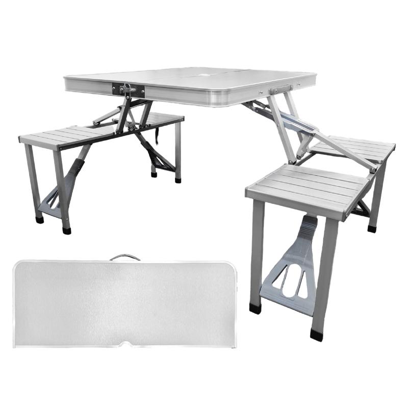 Mesa Plegable Portátil 4 Bancos Integrados Estilo Portafolio Para Camping, picnic o Jardín Estructura de aluminio reforzado y plástico resistente