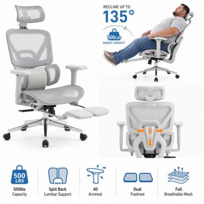 Silla Ergonómica Ejecutiva con Reposapiés, Respaldo de Malla, Soporte Lumbar 3D y Brazos Ajustables