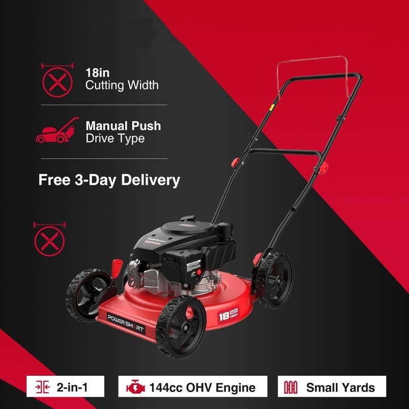 Cortadora de Césped a Gas de 18", Motor OHV de 144 cc de 4 Tiempos, Empuje Manual, Función 2 en 1/3 en 1, Triturado, Bolsa y Descarga Lateral, Ajuste de Altura de 5/6 Niveles, Uso Rudo para Jardines Pequeños (DV8618C/DV8618P)