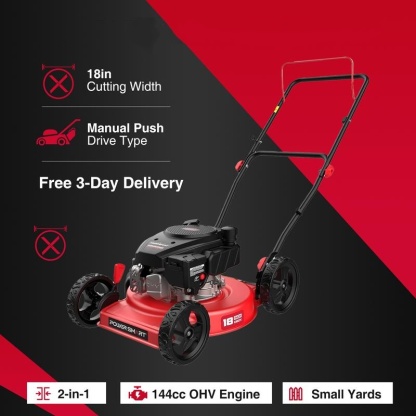 Cortadora de Césped a Gas de 18", Motor OHV de 144 cc de 4 Tiempos, Empuje Manual, Función 2 en 1/3 en 1, Triturado, Bolsa y Descarga Lateral, Ajuste de Altura de 5/6 Niveles, Uso Rudo para Jardines Pequeños (DV8618C/DV8618P)