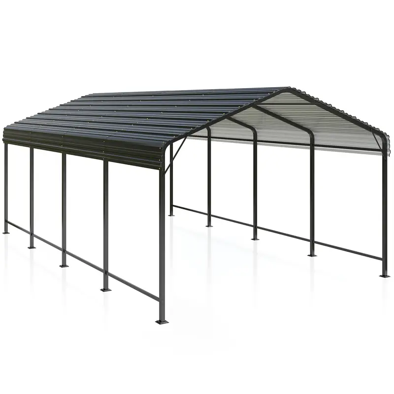 Carport de metal de 12x20 FT con base mejorada, garaje al aire libre resistente para camiones, barcos, autos y tractores, con estante galvanizado para protección de vehículos