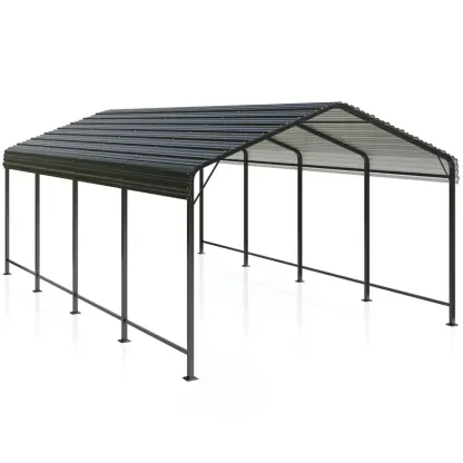 Carport de metal de 12x20 FT con base mejorada, garaje al aire libre resistente para camiones, barcos, autos y tractores, con estante galvanizado para protección de vehículos