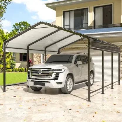 Carport de metal de 12x20 FT con base mejorada, garaje al aire libre resistente para camiones, barcos, autos y tractores, con estante galvanizado para protección de vehículos