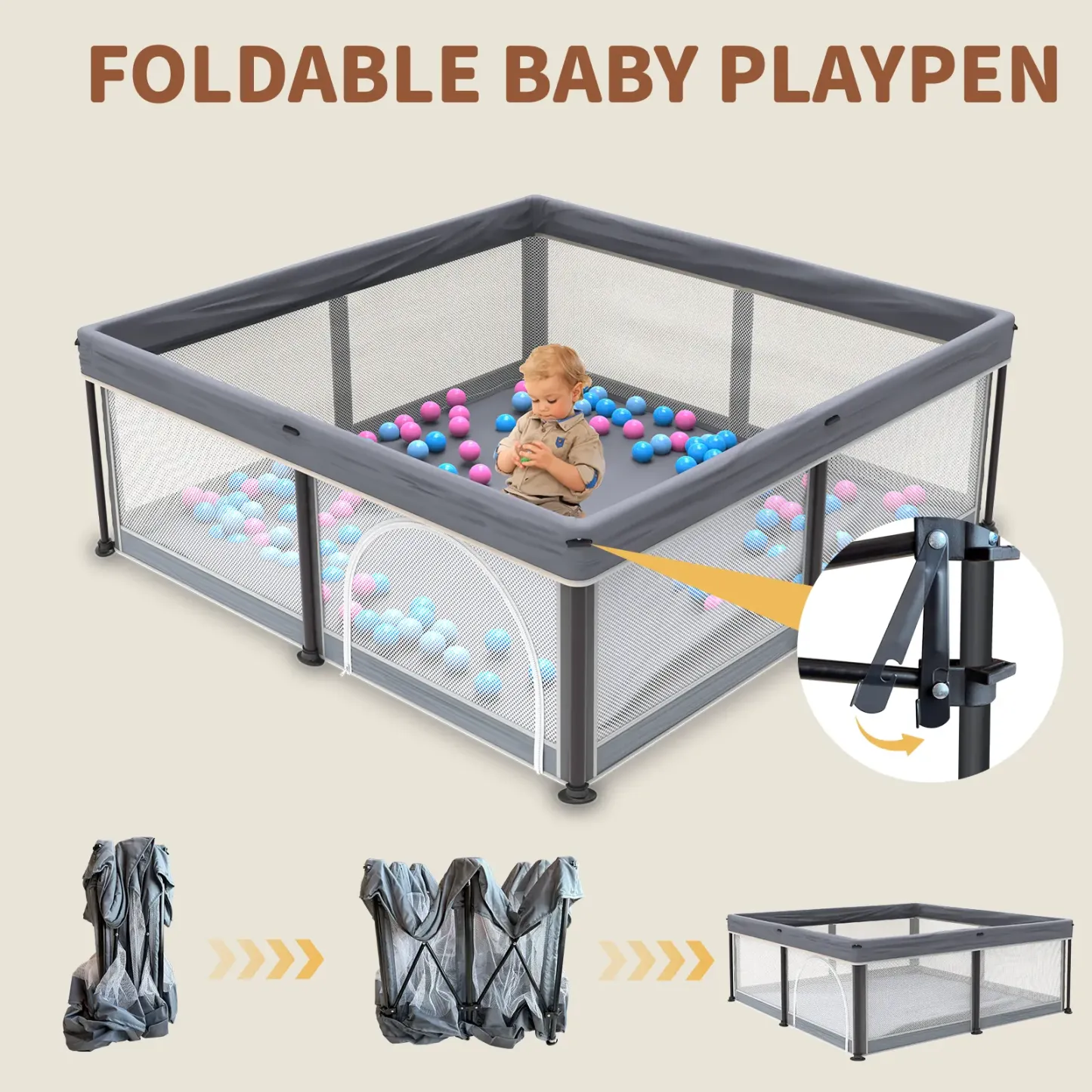 Corral Plegable para Bebé con Tapete 50"x50", Puerta de Seguridad, Diseño Transpirable, Incluye 50 Pelotas para Bebés y Niños