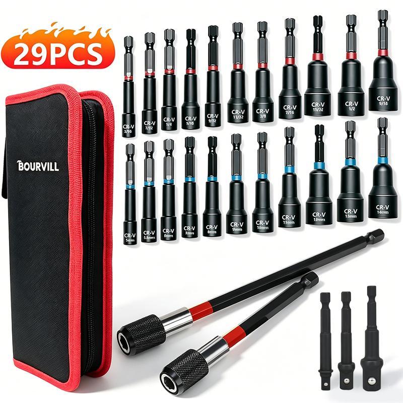 Set de 55 Piezas de Llaves de Impacto Magnéticas, SAE y Métricas, Vástago Hexagonal de 1/4", con Adaptadores y Extensión, Uso Profesional