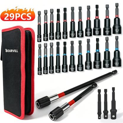 Set de 55 Piezas de Llaves de Impacto Magnéticas, SAE y Métricas, Vástago Hexagonal de 1/4", con Adaptadores y Extensión, Uso Profesional