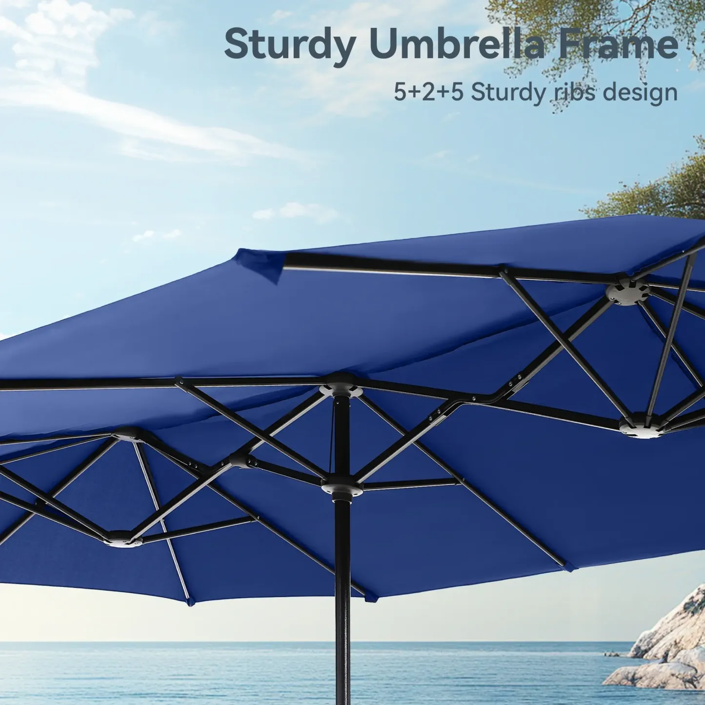 COSTWAY Sombrilla Solar para Patio de 15/13 pies con Base — Sombrilla Doble Extra Grande para Exteriores con 36 Luces LED y Manivela, Ideal para Jardín, Terraza, Piscina y Patio