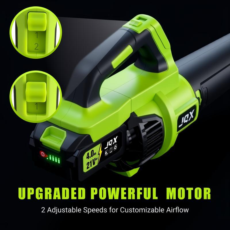Sopladora eléctrica inalámbrica / sopladora de nieve, batería 21V 4000mAh, cargador rápido, motor turbo de doble velocidad, 2 marchas, diseño ergonómico, eficiente para limpiar hojas, nieve y polvo.