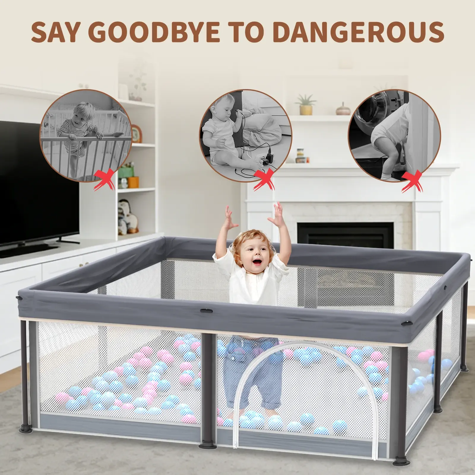 Corral Plegable para Bebé con Tapete 50"x50", Puerta de Seguridad, Diseño Transpirable, Incluye 50 Pelotas para Bebés y Niños