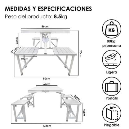 Mesa Plegable Portátil 4 Bancos Integrados Estilo Portafolio Para Camping, picnic o Jardín Estructura de aluminio reforzado y plástico resistente
