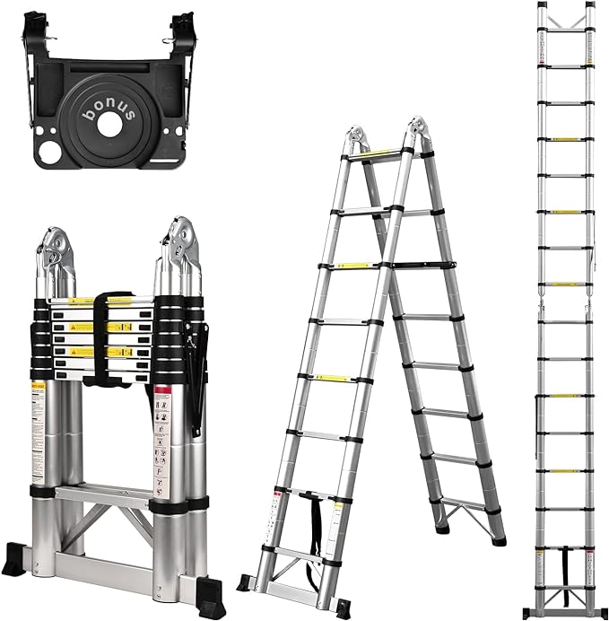 Escalera telescópica con marco A, escalera de extensión de aluminio compacta de 16.5 pies, escalera telescópica portátil para caravanas al aire última intervensión, autocaravana, con plataforma de-llave inglesa