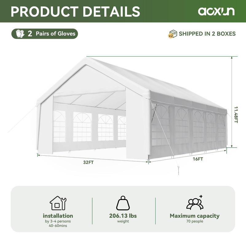 Carpa Canopy para Exterior con Estructura de Acero Resistente, 32x16 FT/40x20 FT, Impermeable, Paredes Laterales Desmontables y Puerta Enrollable, Ideal para Bodas, BBQ y Cumpleaños (Envío en 3 Paquetes)