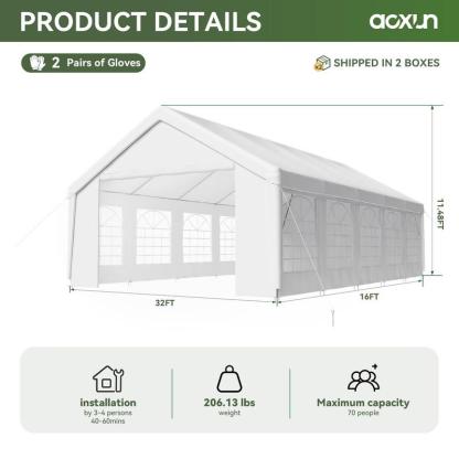 Carpa Canopy para Exterior con Estructura de Acero Resistente, 32x16 FT/40x20 FT, Impermeable, Paredes Laterales Desmontables y Puerta Enrollable, Ideal para Bodas, BBQ y Cumpleaños (Envío en 3 Paquetes)