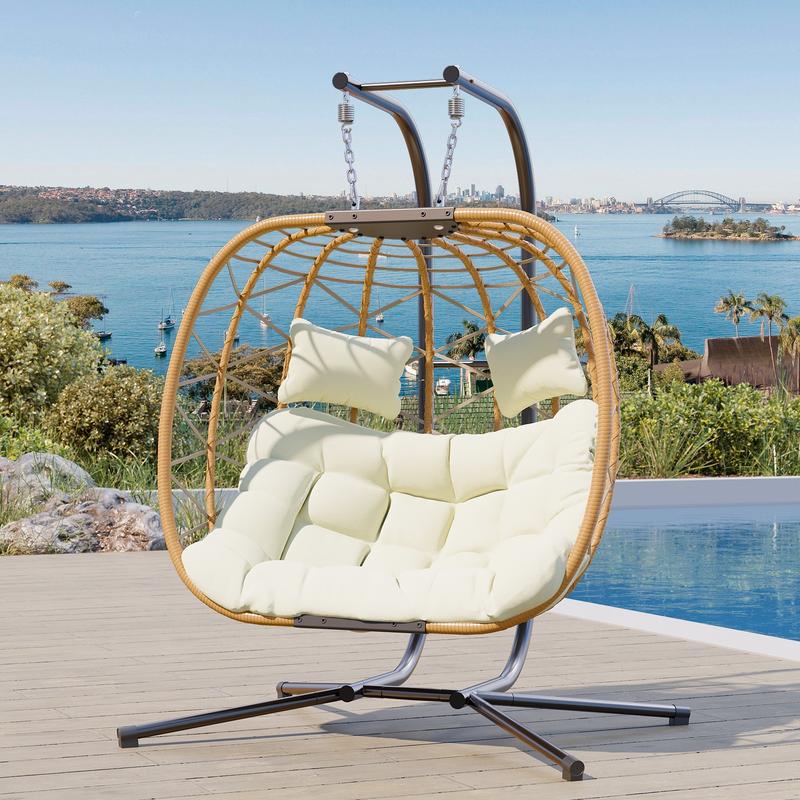 Silla Colgante Tipo Huevo con Soporte – Capacidad de 600/700 lbs, Silla Huevo de Mimbre/Ratán para Interior y Exterior con Cojín, Mueble de Patio o Porche