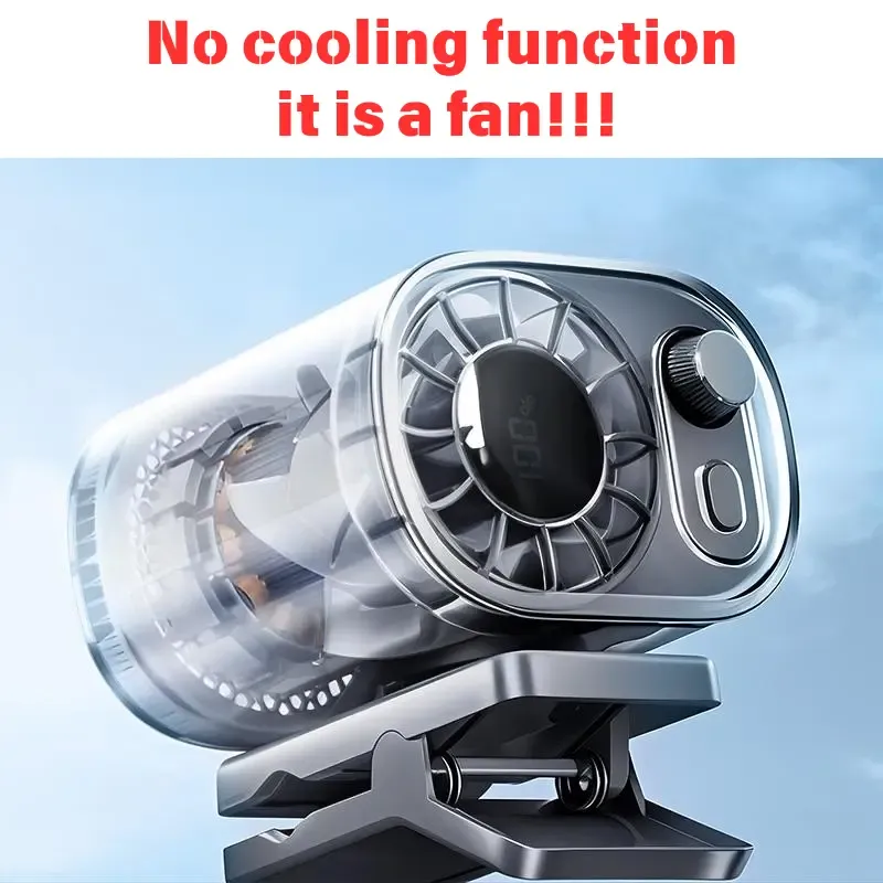 Ventilador para auto con clip, sin función de enfriamiento, pantalla LED, rotación 360°, 100 velocidades ajustables, recargable por USB con batería de 1800mAh, ajuste continuo de velocidad, botón de carga, portátil USB.