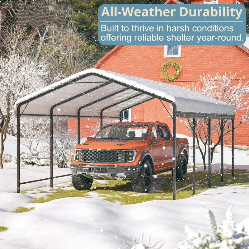 Carport de metal de 12x20 FT con base mejorada, garaje al aire libre resistente para camiones, barcos, autos y tractores, con estante galvanizado para protección de vehículos