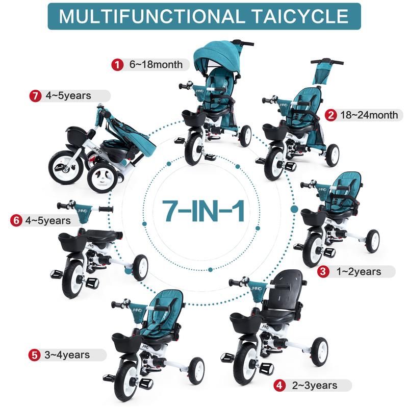 Triciclo 6 en 1 para Niños de 18 Meses a 5 Años, con Manija y Asiento Ajustables, Arnés, Toldo Desmontable y Estructura Metálica de 3 Ruedas