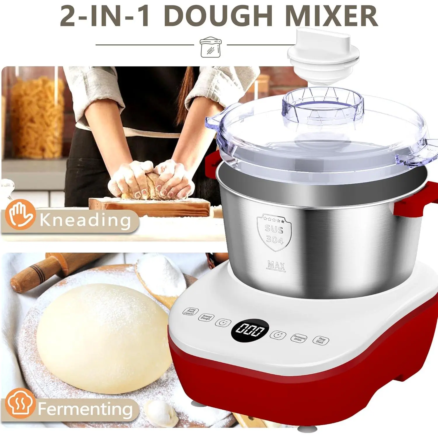 Mezcladora Eléctrica DoughChief de 7Qt con Función de Fermentación, Amasadora con Tazón de Acero Inoxidable 304, Control por Microcomputadora, Panel Táctil Frontal, Fácil de Limpiar, Ideal para Pan y Pizza.
