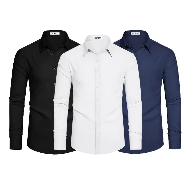 3-Pack Men's Dress Shirts 4-way Stretch Long Sleeve Collared Solid Wedding Dating Button Down Shirts Business Casual Breathable Outfits Menswear