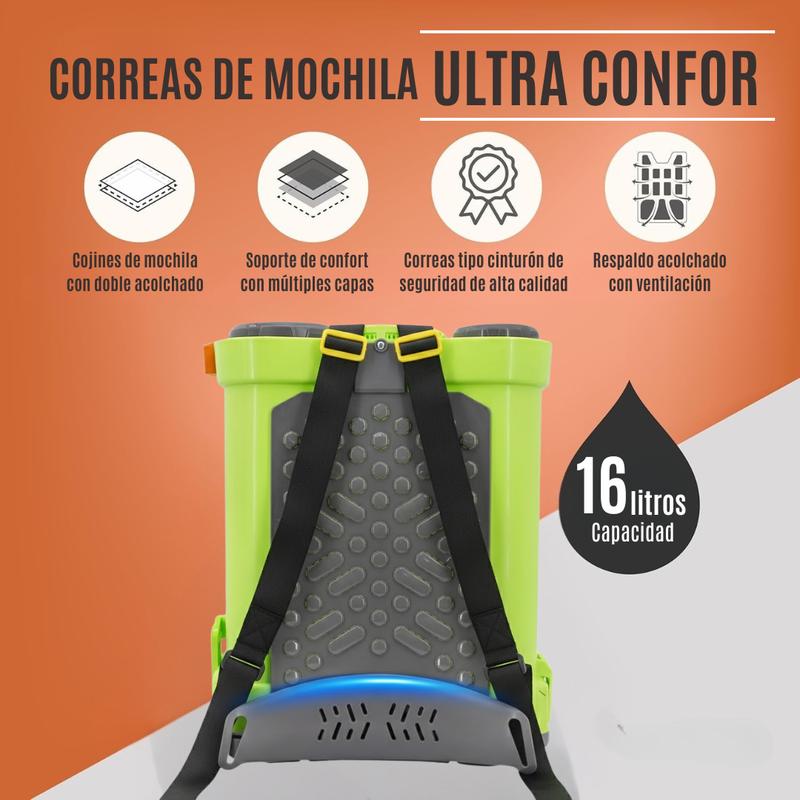 Mochila Pulverizadora a Batería 16L con Accesorios Incluidos y Asa Ajustable para Uso Eficiente