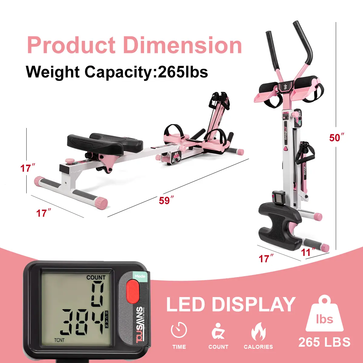 Entrenador abdominal 3 en 1 y máquina de remo Pro con bandas de resistencia | Máquina de ejercicio plegable para entrenamiento de cuerpo completo y tonificación muscular, equipo de gimnasio en casa, rueda abdominal, ab roller.