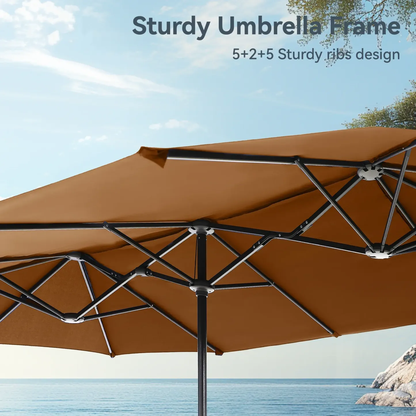 COSTWAY Sombrilla Solar para Patio de 15/13 pies con Base — Sombrilla Doble Extra Grande para Exteriores con 36 Luces LED y Manivela, Ideal para Jardín, Terraza, Piscina y Patio