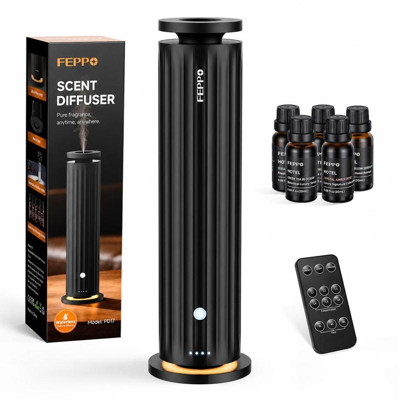 Difusor de Aromas sin Agua, Kit con 5 Aceites Esenciales de 20 ml, Difusión en Frío, 6 Niveles de Intensidad, Temporizador, Cobertura de hasta 1000 ft² para Hogar y Oficina