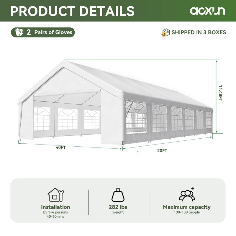 Carpa Canopy para Exterior con Estructura de Acero Resistente, 32x16 FT/40x20 FT, Impermeable, Paredes Laterales Desmontables y Puerta Enrollable, Ideal para Bodas, BBQ y Cumpleaños (Envío en 3 Paquetes)