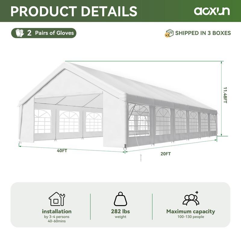 Carpa Canopy para Exterior con Estructura de Acero Resistente, 32x16 FT/40x20 FT, Impermeable, Paredes Laterales Desmontables y Puerta Enrollable, Ideal para Bodas, BBQ y Cumpleaños (Envío en 3 Paquetes)