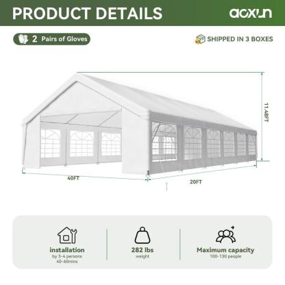 Carpa Canopy para Exterior con Estructura de Acero Resistente, 32x16 FT/40x20 FT, Impermeable, Paredes Laterales Desmontables y Puerta Enrollable, Ideal para Bodas, BBQ y Cumpleaños (Envío en 3 Paquetes)