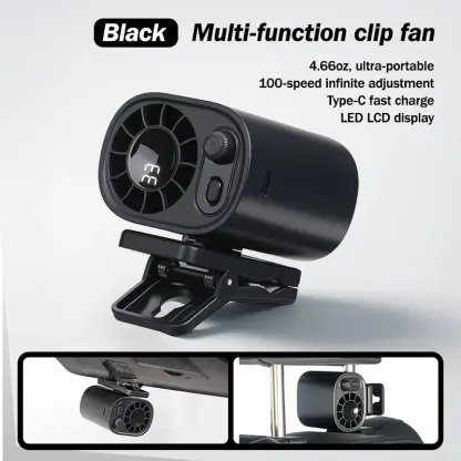Ventilador para auto con clip, sin función de enfriamiento, pantalla LED, rotación 360°, 100 velocidades ajustables, recargable por USB con batería de 1800mAh, ajuste continuo de velocidad, botón de carga, portátil USB.