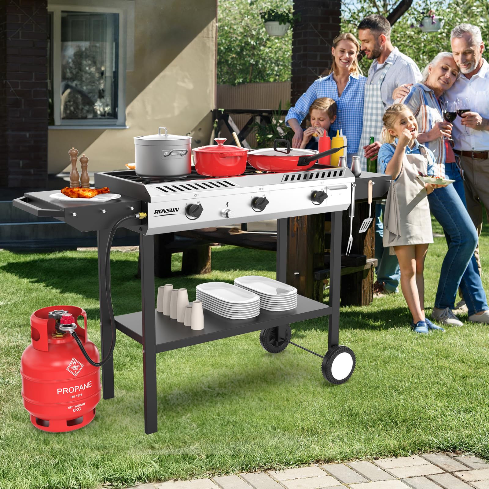 Estufa de Gas Propano para Exterior de 3 Quemadores, 225,000 BTU, con Ruedas y Repisas Laterales para Camping y Cocina al Aire Libre