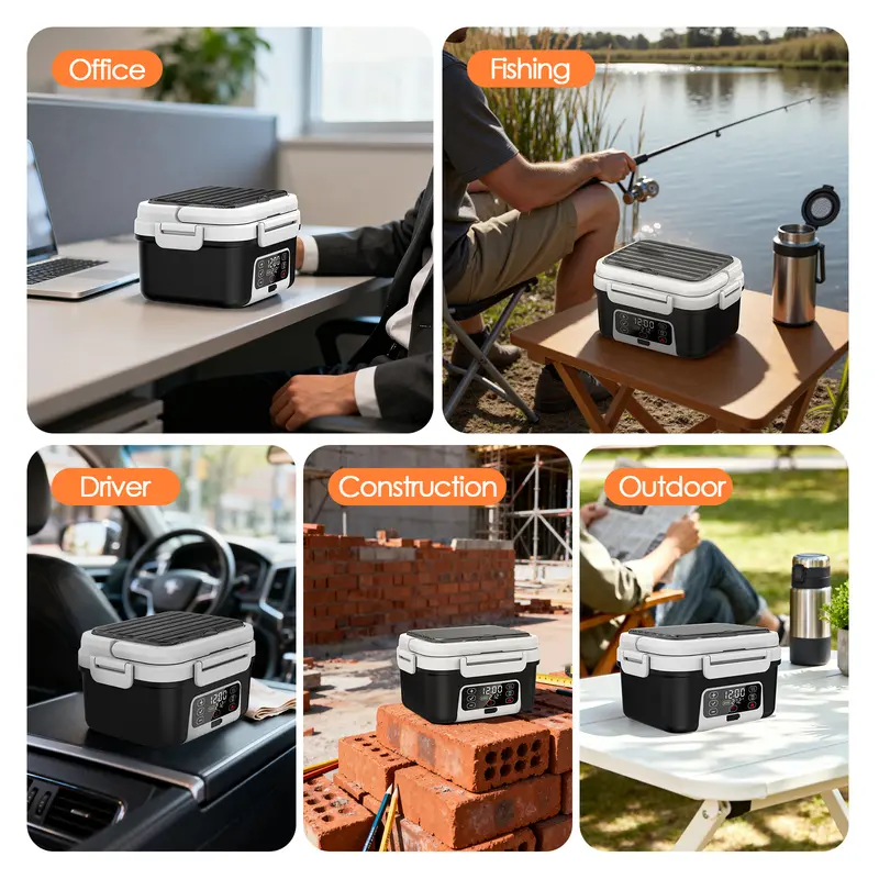 Caja de Almuerzo Eléctrica Portátil Inalámbrica, 1.5L (6.3 tazas), Batería Recargable de 20,000mAh con Calentamiento Automático, Temporizador Inteligente, Libre de BPA, Incluye Cuchara, Bolsa Térmica y Bandeja Extraíble con Divisor