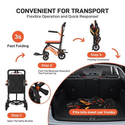 Lightweight Folding Wheelchair for Seniors with Aviation Aluminum Frame, Flip Armrests, Secure Brakes, Spacious Seating, Ideal for Safe Transfers Indoors and Outdoors in Gray Orange