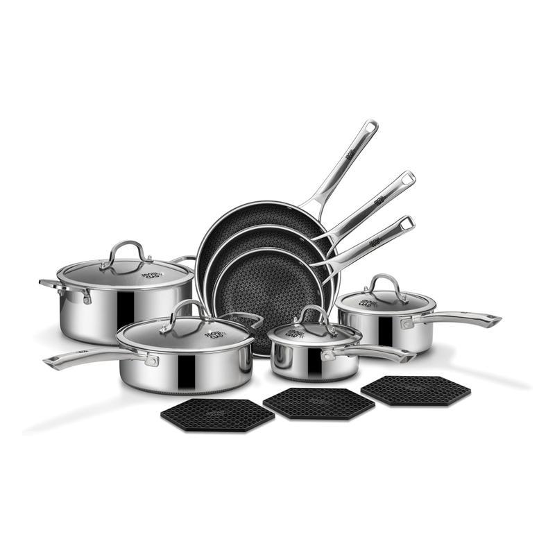 Juego de ollas y sartenes híbridas de acero inoxidable de 10 y 14 piezas con tapas, antiadherentes, aptas para lavavajillas, compatibles con inducción, libres de PFOA y materiales tóxicos.