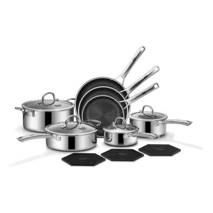Juego de ollas y sartenes híbridas de acero inoxidable de 10 y 14 piezas con tapas, antiadherentes, aptas para lavavajillas, compatibles con inducción, libres de PFOA y materiales tóxicos.