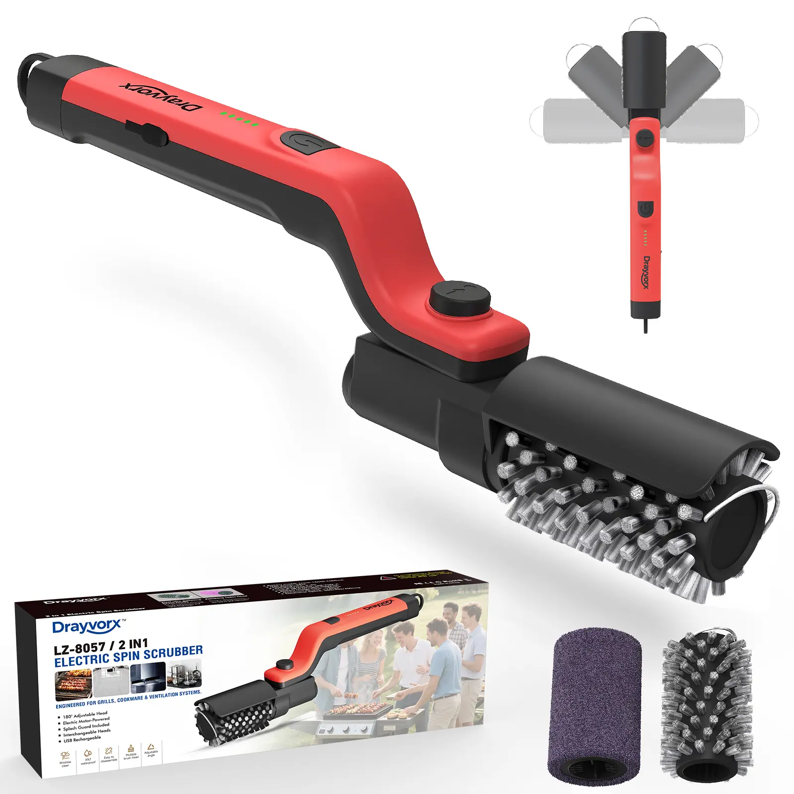 Cepillo eléctrico para parrilla BBQ, inalámbrico y recargable, con dos cepillos de repuesto, ángulo ajustable, accesorios para barbacoa, ideal para limpiar óxido, parrillas, suciedad, pintura y residuos de soldadura.