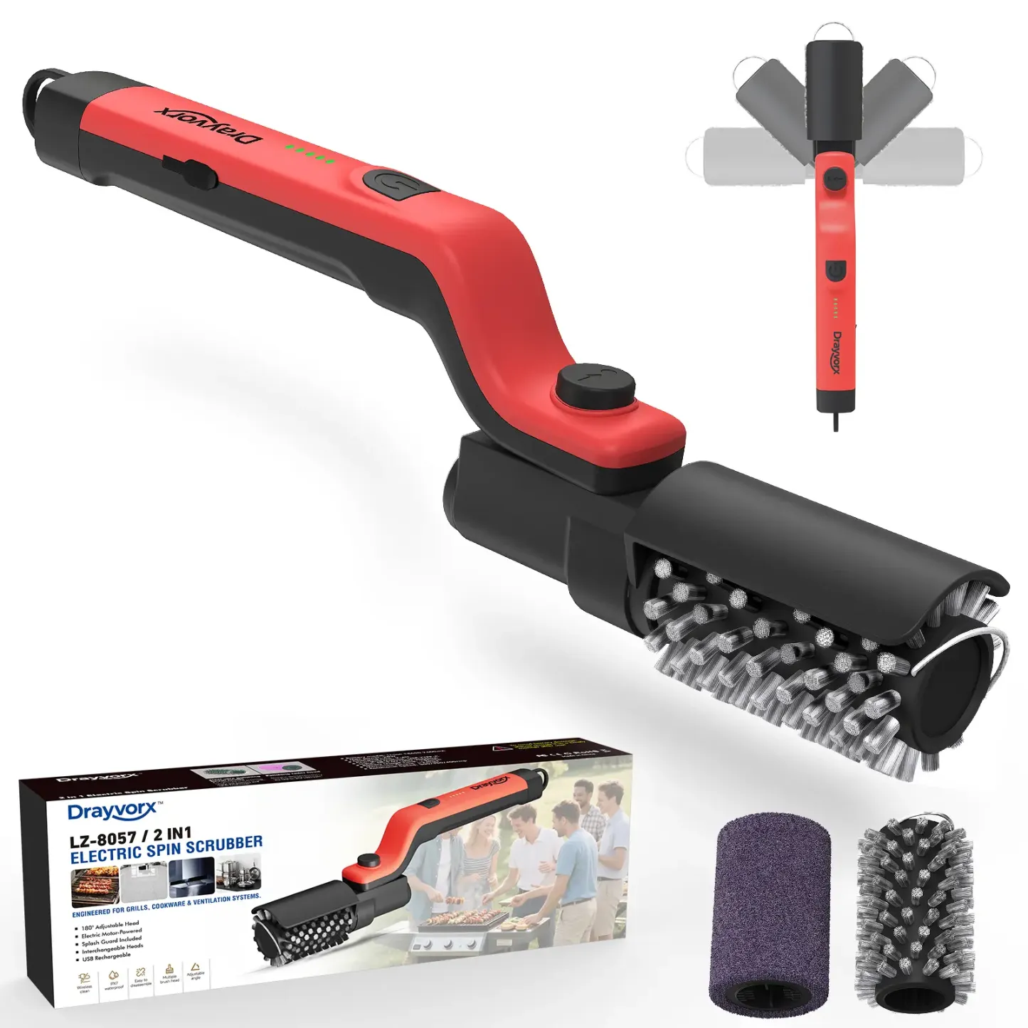 Cepillo eléctrico para parrilla BBQ, inalámbrico y recargable, con dos cepillos de repuesto, ángulo ajustable, accesorios para barbacoa, ideal para limpiar óxido, parrillas, suciedad, pintura y residuos de soldadura.