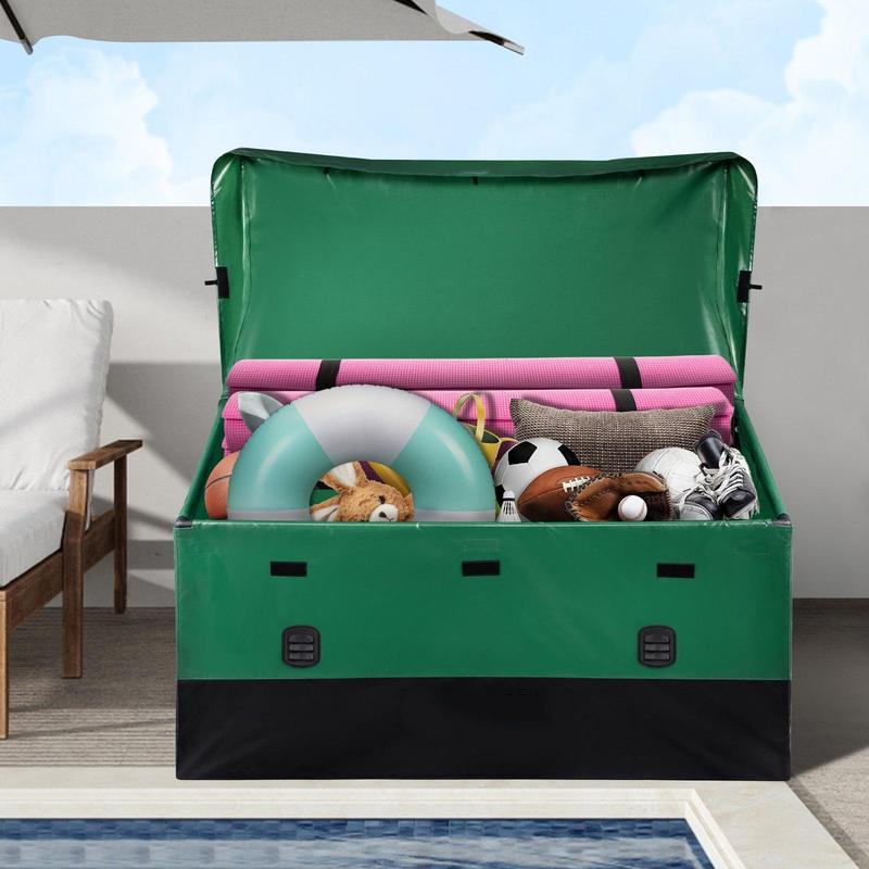 caja de almacenaje para exteriores, cubierta de lona de PE impermeable de 100 / 150 / 230 galones con marco galvanizado, protección para todo tipo de clima y portátil, para Camping, jardín, junto a la piscina y patio, organizador negro y verde